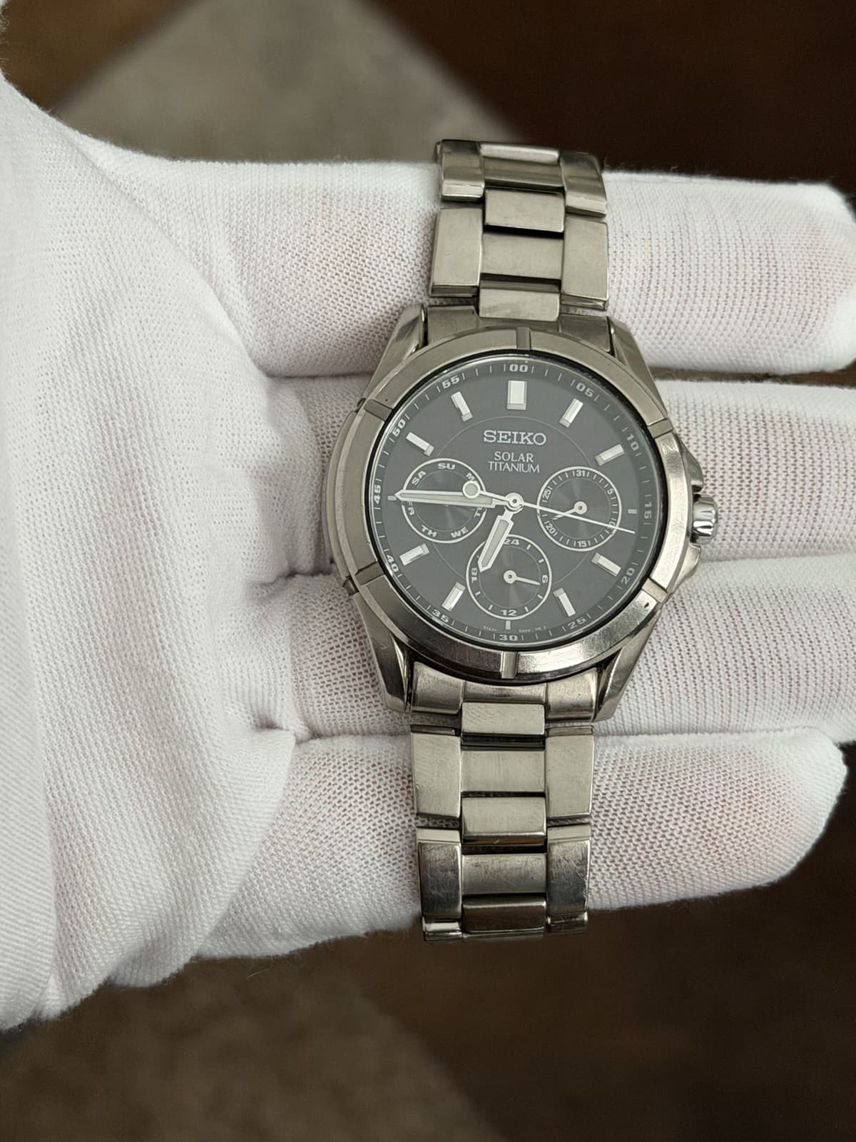 Rare Vintage Seiko V14J-0AE0 Solar Titanium Triple Calendar Men’s Watch JDM 90s - Image 1