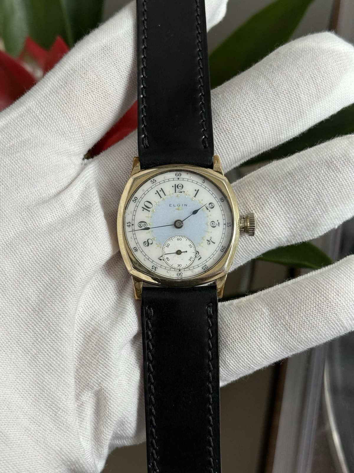 Vintage Elgin Art Deco Fancy Enamel Dial 7J Men’s Manual Cushion Case Watch  - Image 1