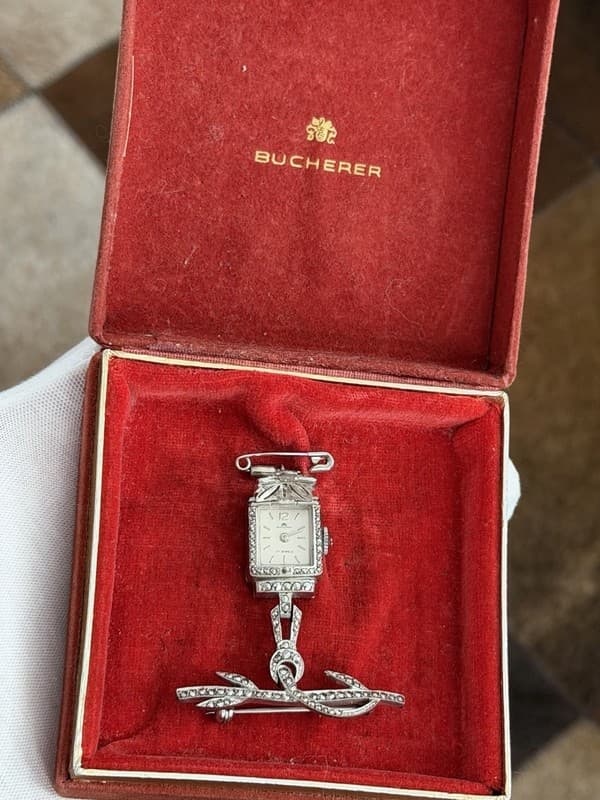 Vintage Bucherer Solid Silver Art Deco Flip Top Watch Brooch 1930s